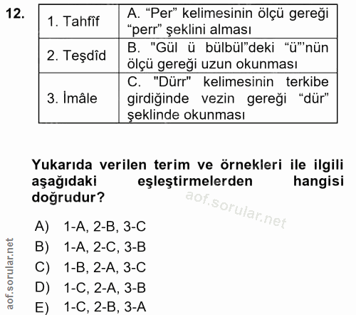 12. soru: 1. Tahfif A. "Per" kelimesinin ölçü gereği "perr" şeklini alması 2. Teşdid B. "Gül ü bülbül"deki "ü"nün ölçü gereği u…