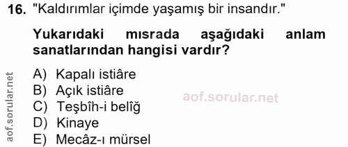 16. soru: "Kaldırımlar içimde yaşamış bir insandır." Yukarıdaki misrada aşağıdaki anlam sanatlarından hangisi vardır? A) Kapalı…