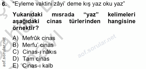 6. soru: "Eyleme vaktini zâyi' deme kış yaz oku yaz" Yukarıdaki mısrada "Yaz" kelimeleri aşağıdaki cinas türlerinden hangisine…