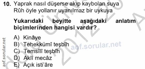 10. soru: Yaprak nasıl düşerse akıp kaybolan suya Rûh öyle yollanır uyanılmaz bir uykuya Yukarıdaki beyitte aşağıdaki anlatım b…