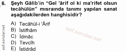 6. soru: Şeyh Gâlib'in "Gel 'ârif ol ki ma'rifet olsun tecâhülün" mısrainda tanımı yapılan sanat aşağıdakilerden hangisidir? A…