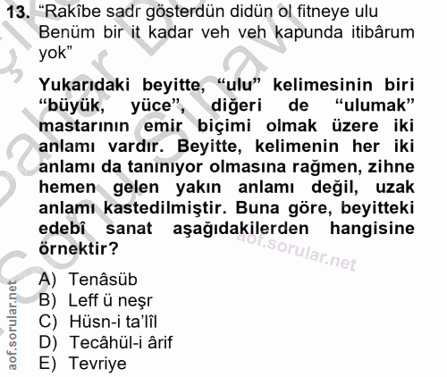 13. soru: "Rakibe sadr gösterdün didün ol fitneye ulu Benüm bir it kadar veh veh kapunda itibârum yok" Yukarıdaki beyitte, "ulu…
