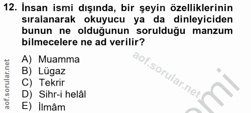 12. soru: Insan ismi dışında, bir şeyin özelliklerinin sıralanarak okuyucu ya da dinleyiciden bunun ne olduğunun sorulduğu manz…