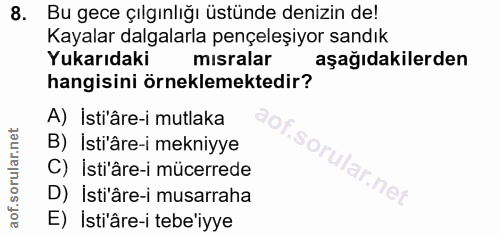 8. soru: Bu gece çılgınlığı üstünde denizin de! Kayalar dalgalarla pençeleşiyor sandık Yukarıdaki mısralar aşağıdakilerden han…