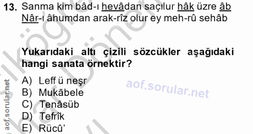 13. soru: Sanma kim bâd-ı hevâdan saçılur hâk üzre âb Nâr-t âhumdan arak-riz olur ey meh-rû sehâb Yukarıdaki altı çizili sözcük…