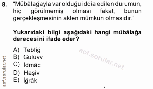 8. soru: "Mübâlağayla var olduğu iddia edilen durumun, hiç görülmemiş olması fakat, bunun gerçekleşmesinin aklen mümkün olması…
