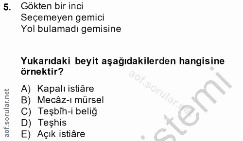 5. soru: Gökten bir inci Seçemeyen gemici Yol bulamadı gemisine Yukarıdaki beyit aşağıdakilerden hangisine örnektir? A) Kapalı…