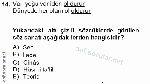 14. soru: Varı yoğu var iden ol durur Dünyede her olanı ol oldurur Yukarıdaki altı çizili sözcüklerde görülen söz sanatı aşağıd…