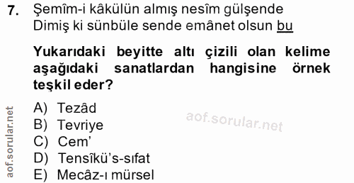 7. soru: Şemîm-i kâkülün almış nesîm gülşende Dimiş ki sünbüle sende emânet olsun bu Yukarıdaki beyitte altı çizili olan kelim…