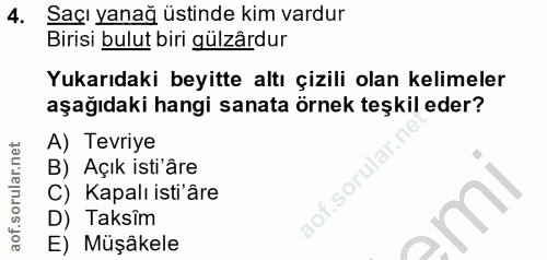 4. soru: Saçı yanağ üstinde kim vardur Birisi bulut biri gülzârdur Yukarıdaki beyitte altı çizili olan kelimeler aşağıdaki han…