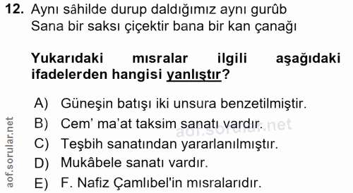 12. soru: Aynı sâhilde durup daldığımız aynı gurûb Sana bir saksı çiçektir bana bir kan çanağı Yukarıdaki mısralar ilgili aşağı…