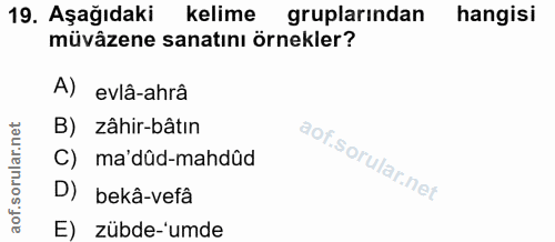 19. soru: Aşağıdaki kelime gruplarindan hangisi müvâzene sanatını örnekler? A) evlâ-ahrâ B) zâhir-bâtin ma' dûd-mahdûd D) bekâ-…