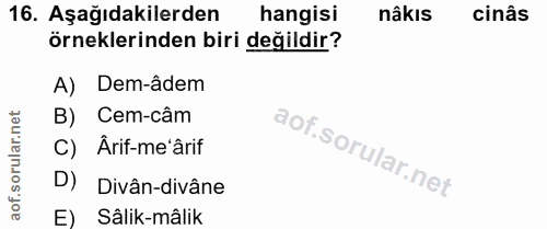 16. soru: Aşağıdakilerden hangisi nâkıs cinâs Örneklerinden biri değildir? A) Dem-âdem B) Cem-câm C) Arif-me'ârif D) Divân-divâ…