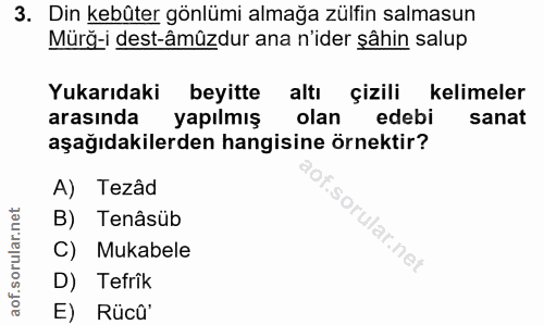 3. soru: Din kebûter gönlümi almağa zülfin salmasun Mürğ-i dest-âmûzdur ana n'ider şâhin salup Yukarıdaki beyitte altı çizili…