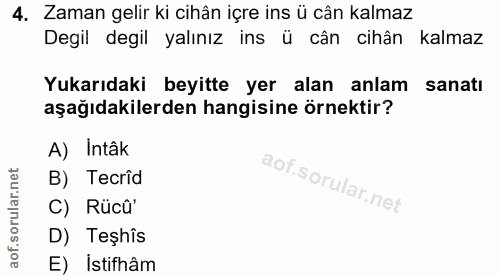 4. soru: Zaman gelir ki cihân içre ins ü cân kalmaz Degil degil yalınız ins ü cân cihân kalmaz Yukarıdaki beyitte yer alan anl…
