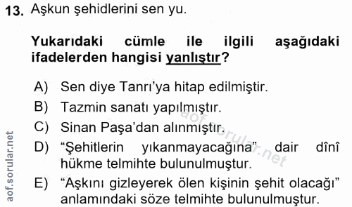13. soru: Aşkun şehidlerini sen yu. Yukarıdaki cümle ile ilgili aşağıdaki ifadelerden hangisi yanlıştır? A) Sen diye Tanrı'ya h…
