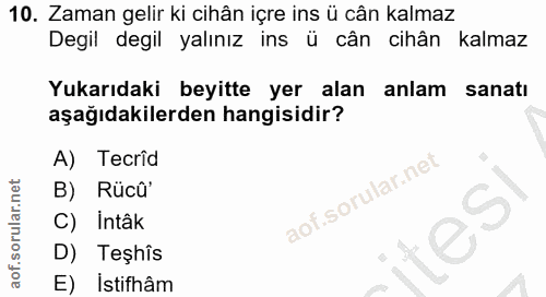 10. soru: Zaman gelir ki cihân içre ins ü cân kalmaz Degil degil yalınız ins ü cân cihân kalmaz Yukarıdaki beyitte yer alan anl…