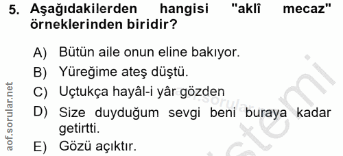 5. soru: Aşağıdakilerden hangisi "aklî mecaz" örneklerinden biridir? A) Bütün aile onun eline bakıyor. B) Yüreğime ateş düştü.…