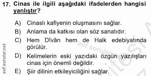 17. soru: Cinas ile ilgili aşağıdaki ifadelerden hangisi yanlıştır? A) Cinaslı kafiyenin oluşmasını sağlar. B) Anlama da katkıs…
