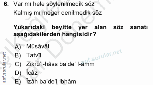 6. soru: Var mı hele söylenilmedik söz Kalmış mı meğer denilmedik söz Yukarıdaki beyitte yer alan söz sanatı aşağıdakilerden h…