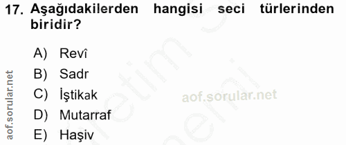 17. soru: Aşağıdakilerden hangisi seci türlerinden biridir? A) Revi B) Sadr C) İştikak D) Mutarraf E) Haşiv