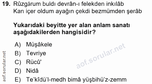 19. soru: Rüzgârum buldı devrân-ı felekden inkılâb Kan içer oldum ayağın çekdi bezmümden şerâb Yukarıdaki beyitte yer alan anla…