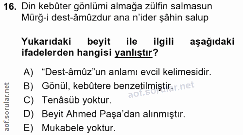 16. soru: Din kebûter gönlümi almağa zülfin salmasun Mürğ-i dest-âmüzdur ana n'ider şâhin salup Yukarıdaki beyit ile ilgili aşa…