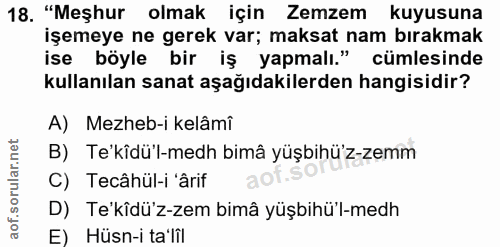 18. soru: "Meşhur olmak için Zemzem kuyusuna işemeye ne gerek var; maksat nam bırakmak ise böyle bir iş yapmalı." cümlesinde ku…