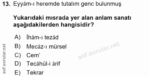 13. soru: Eyyâm-ı heremde tutalım genc bulunmuş Yukarıdaki mısrada yer alan anlam sanatı aşağıdakilerden hangisidir? A) Ihâm-ı…