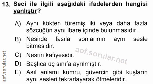 13. soru: Seci ile ilgili aşağıdaki ifadelerden hangisi yanlıştır? A) Aynı kökten türemiş iki veya daha fazla sözcüğün aynı iba…