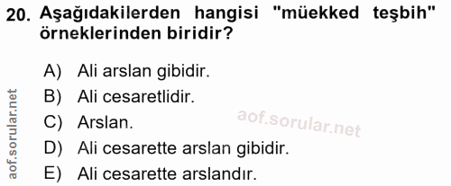 20. soru: Aşağıdakilerden hangisi "müekked teşbih" örneklerinden biridir? A) Ali arslan gibidir. B) Ali cesaretlidir. C) Arslan…