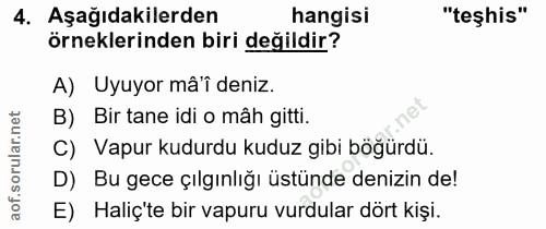 4. soru: Aşağıdakilerden hangisi "teşhis" örneklerinden biri değildir? A) Uyuyor mâ'î deniz. B) Bir tane idi o mâh gitti. C) V…