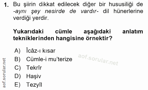 1. soru: Bu şiirin dikkat edilecek diğer bir hususiliği de -aynı şey nesirde de vardır- dil hünerlerine verdiği yerdir. Yukarı…