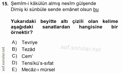 15. soru: Şemîm-i kâkülün almış nesîm gülşende Dimiş ki sünbüle sende emânet olsun bu Yukarıdaki beyitte altı çizili olan kelim…