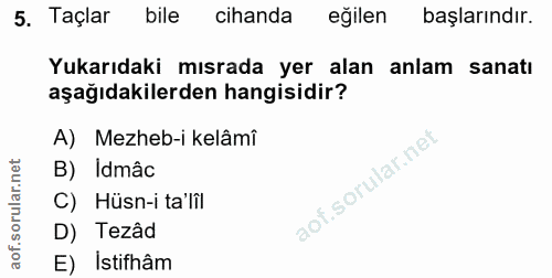 5. soru: Taçlar bile cihanda eğilen başlarındır. Yukarıdaki mısrada yer alan anlam sanatı aşağıdakilerden hangisidir? A) Mezhe…