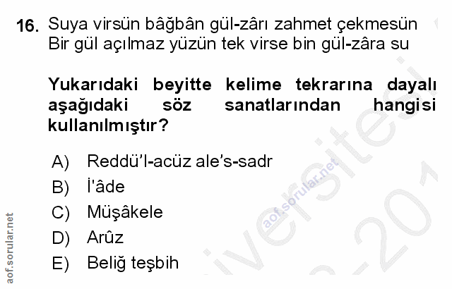 16. soru: Suya virsün bâgbân gül-zârı zahmet çekmesün Bir gül açılmaz yüzün tek virse bin gül-zâra su Yukarıdaki beyitte kelime…