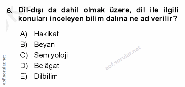 6. soru: Dil-dışı da dahil olmak üzere, dil ile ilgili konuları inceleyen bilim dalına ne ad verilir? A) Hakikat B) Beyan C) S…