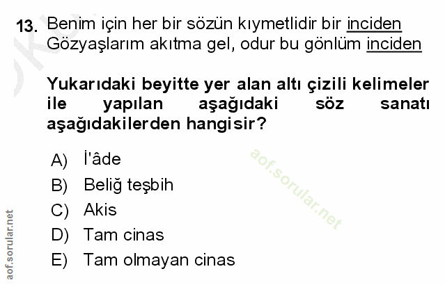 13. soru: Benim için her bir sözün kıymetlidir bir inciden Gözyaşlarım akıtma gel, odur bu gönlüm inciden Yukarıdaki beyitte ye…