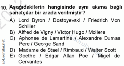 10. soru: Aşagıdakılerın hangisınde aynı akıma bagli sanatçılar bir arada verilmiştir? A) Lord Byron / Dostoyevski / Friedrich…