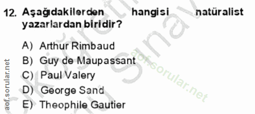 12. soru: Aşağıdakilerden hangisi natüralist yazarlardan biridir? A) Arthur Rimbaud B) Guy de Maupassant C) Paul Valery of D) G…