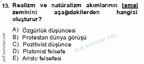 13. soru: Realizm ve natüralizm akımlarının temel zeminini aşağıdakilerden hangisi oluşturur? A) Özgürlük düşüncesi B) Protesta…