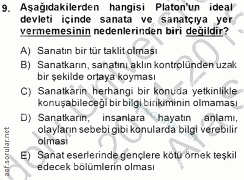 9. soru: Aşağıdakilerden hangisi Platon'un ideal devleti içinde sanata ve sanatçıya yer vermemesinin nedenlerinden biri değıld…