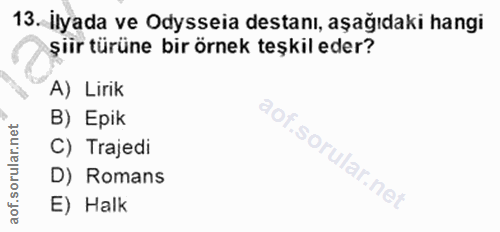 13. soru: İlyada ve Odysseia destanı, aşağıdaki hangi şiir türüne bir örnek teşkil eder? A) Lirik B) Epik C) Trajedi D) Romans…