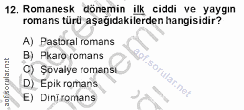 12. soru: Romanesk dönemin ilk ciddi ve yaygın romans türü aşağıdakilerden hangisidir? A) Pastoral romans B) Pkaro romans C) Şö…