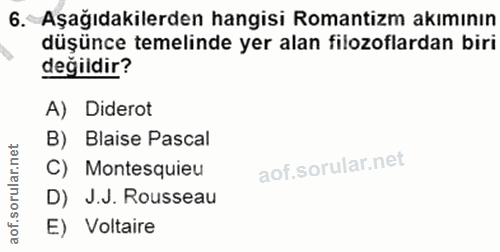 6. soru: Aşağıdakilerden hangisi Romantizm akımının düşünce temelinde yer alan filozoflardan biri değildir? A) Diderot B) Blai…