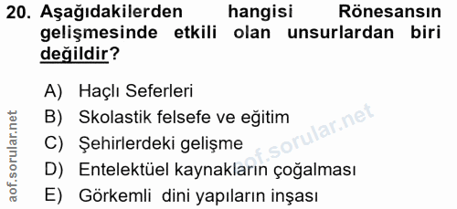 20. soru: Aşağıdakilerden hangisi Rönesansın gelişmesinde etkili olan unsurlardan biri değildir? A) Haçlı Seferleri B) Skolasti…
