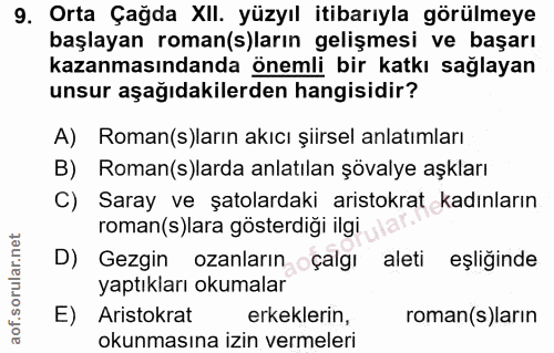 9. soru: Orta Çağda XII. yüzyıl itibarıyla görülmeye başlayan roman()ların gelişmesi ve başarı kazanmasındanda önemli bir katk…