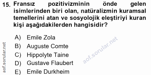 15. soru: Fransız pozitivizminin önde gelen isimlerinden biri olan, natüralizmin kuramsal temellerini atan ve sosyolojik eleşti…