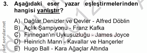 3. soru: Aşağıdaki eser yazar eşleştirmelerinden hangisi yanlıştır? A) Dağlar Denizler ve Devler - Alfred Döblin B) Açlık Şamp…