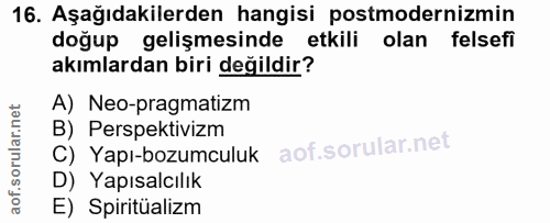16. soru: Aşağıdakilerden hangisi postmodernizmin doğup gelişmesinde etkili olan felsefi akımlardan biri değildir? A) Neo-pragm…